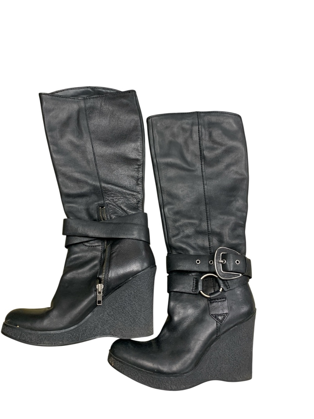 Nine West Black Wedge Mid-Calf Boots with Buckle Detail